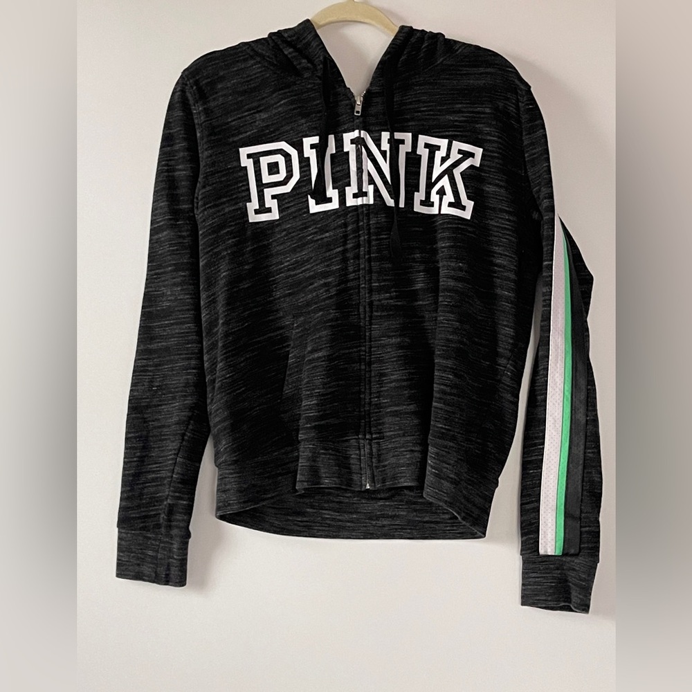 Victoria's Secret Women’s Charcoal Hoodie with Green Stripes Large